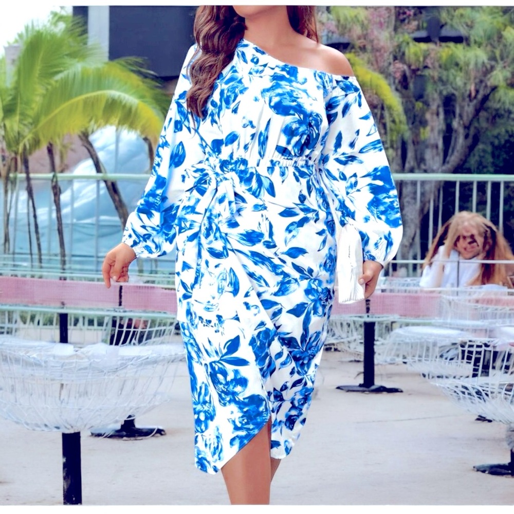 On-Trend One-Shoulder Flattering  Faux Wrap Blue Flora Print on cream Dress